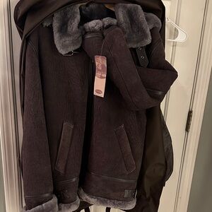 New Overland Shearling Coat with Gray Fur Trim